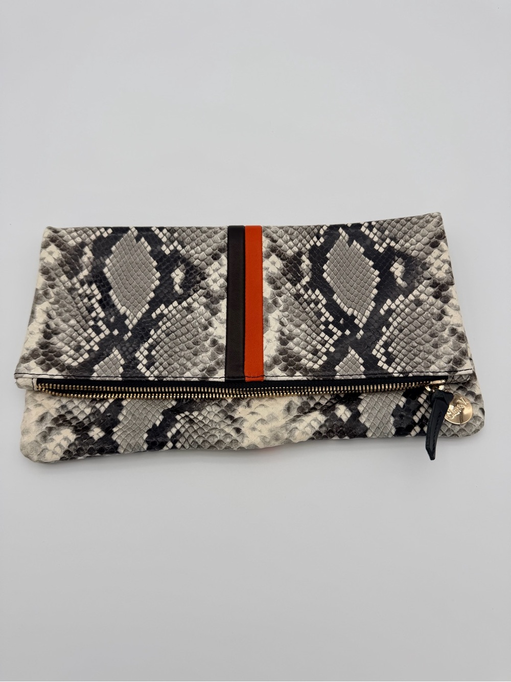 Clare V Python-Print Foldover Clutch with Orange Accent Gold Hardware